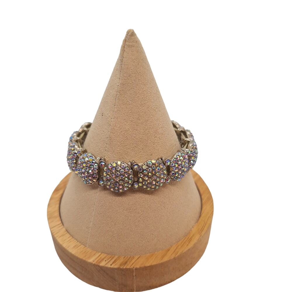 Statement Stretch Bracelet AB Rhinestones Silver Tone